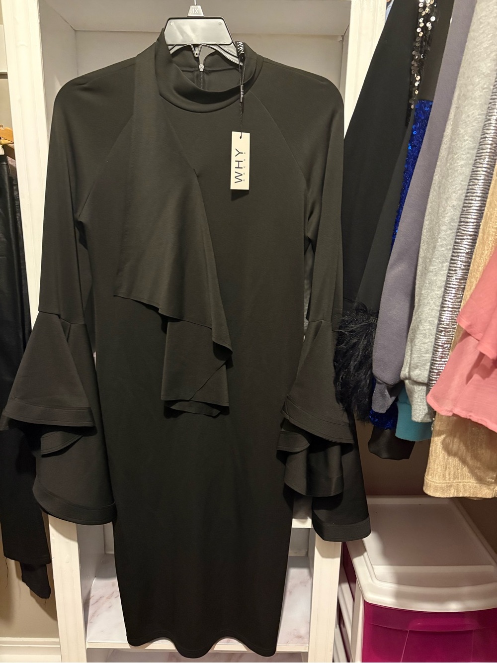 WHY Black Long-Sleeve Ruffle Midi Dress